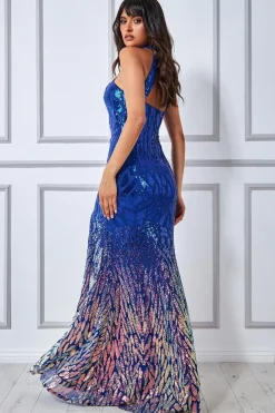 Women * Ombre Sequin Halter Maxi Thigh Split - Royal Blue