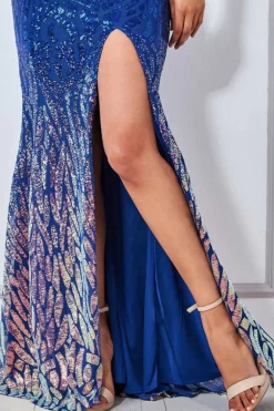 Women * Ombre Sequin Halter Maxi Thigh Split - Royal Blue