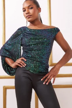Women * Asymmetric Sequin Balloon Sleeve Top