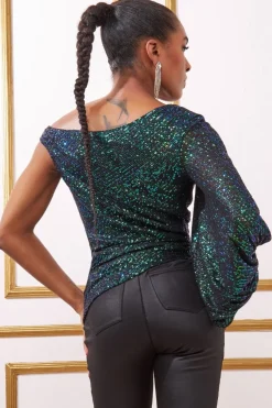 Women * Asymmetric Sequin Balloon Sleeve Top