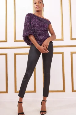 Women * Asymmetric Sequin Balloon Sleeve Top