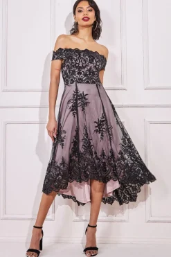 Women * Bardot Sequin & Lace High Low Midi