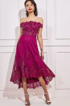 Women * Bardot Sequin & Lace High Low Midi