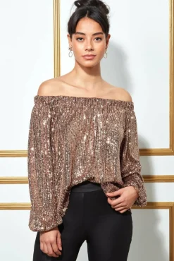 Women * Bardot Sequin Crop Top With Cuffed Sleeves