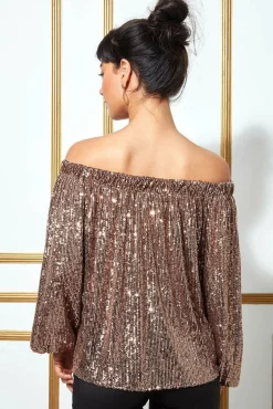 Women * Bardot Sequin Crop Top With Cuffed Sleeves