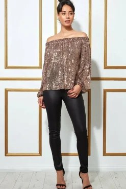 Women * Bardot Sequin Crop Top With Cuffed Sleeves