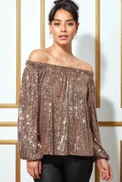 Women * Bardot Sequin Crop Top With Cuffed Sleeves