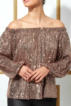 Women * Bardot Sequin Crop Top With Cuffed Sleeves
