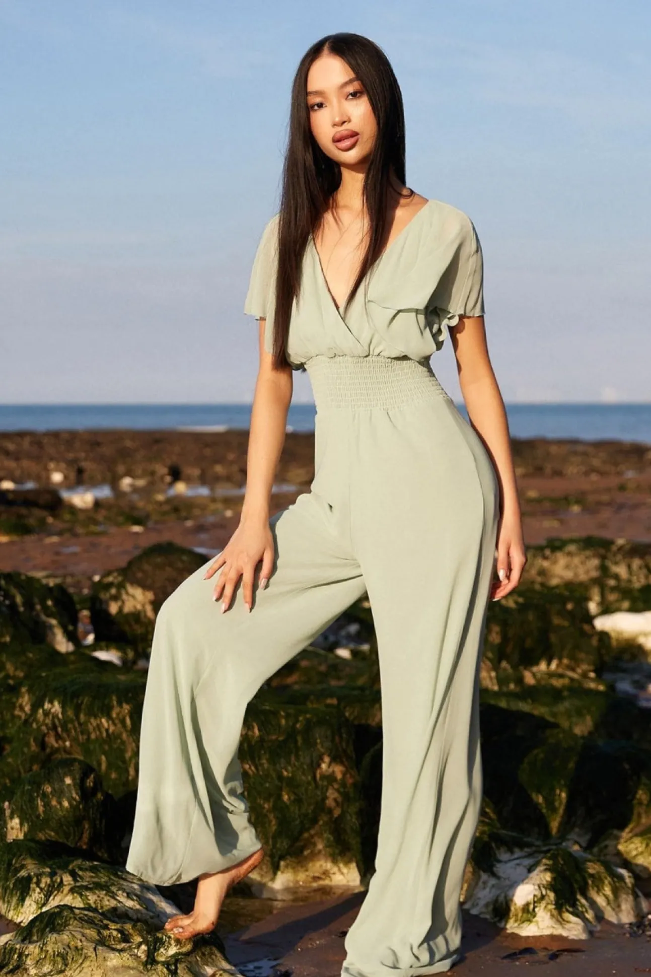 Women * Chiffon Jumpsuit With Flutter Sleeves - Sage Green