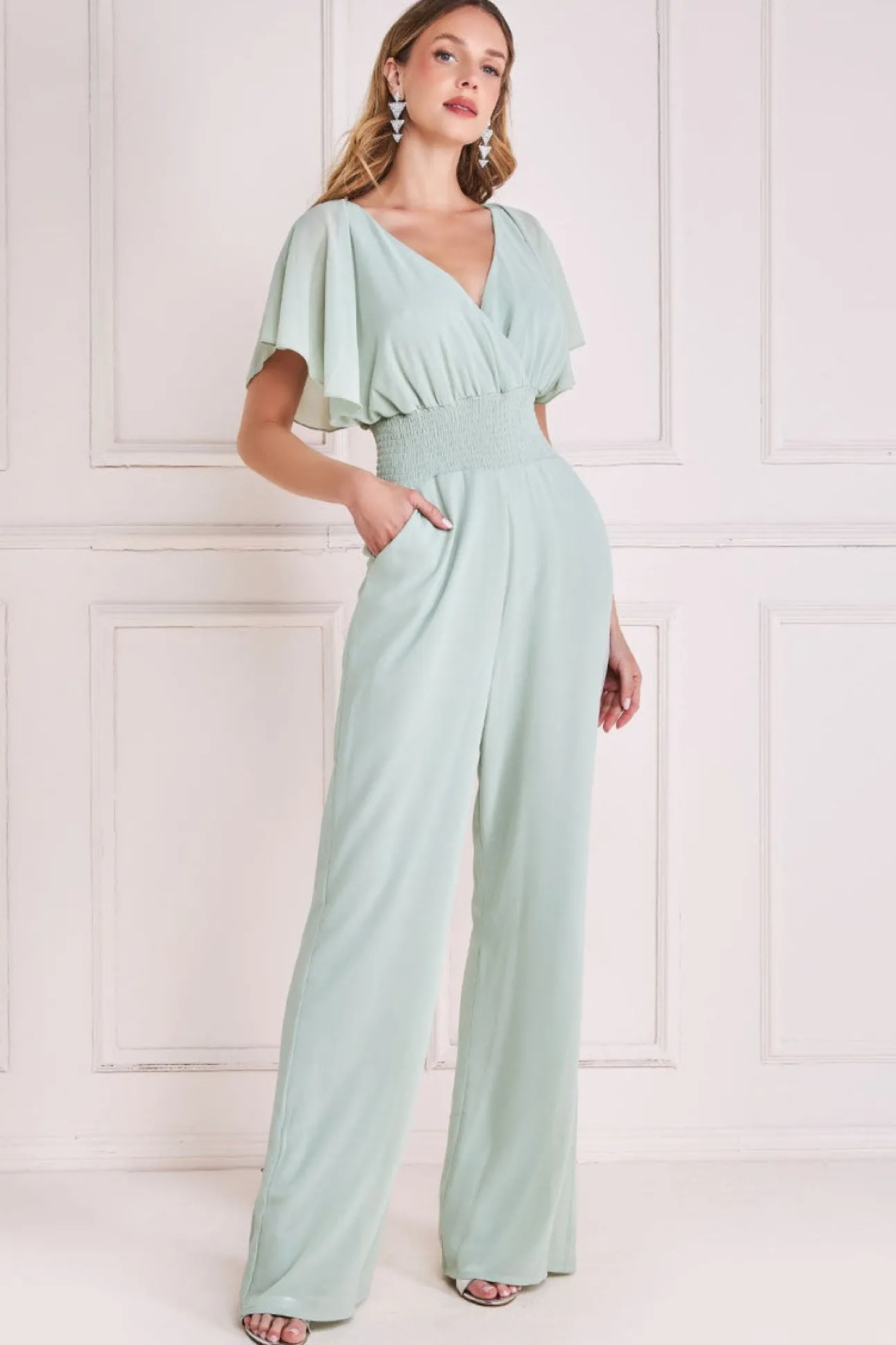 Women * Chiffon Jumpsuit With Flutter Sleeves - Sage Green