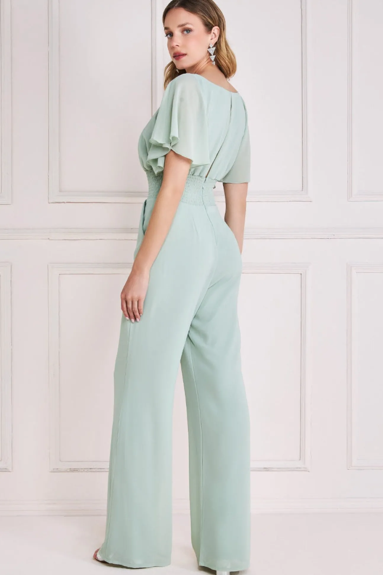 Women * Chiffon Jumpsuit With Flutter Sleeves - Sage Green