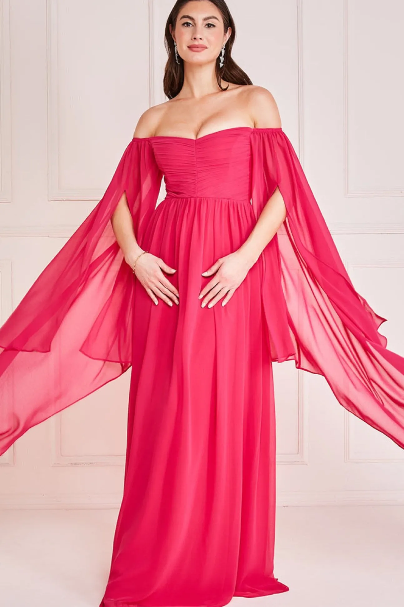 Women * Chiffon Off The Shoulder Maxi With Wings - Hot Pink