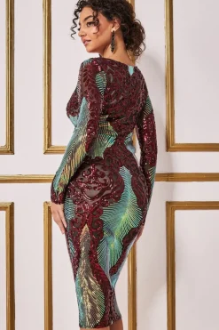 Women * Contrast Sequin Long Sleeve Midi Dress
