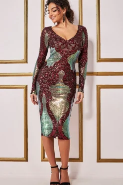 Women * Contrast Sequin Long Sleeve Midi Dress