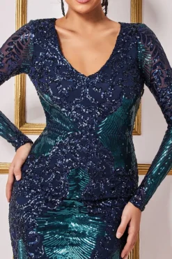 Women * Contrast Sequin Long Sleeve Midi Dress