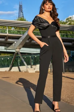 Women * Corset Bodice Scuba & Satin Bardot Jumpsuit
