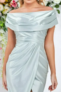 Women * Cowl Neck Bardot Satin Midi Front Split - Sage Green