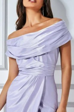 Women * Cowl Neck Bardot Satin Midi Front Split