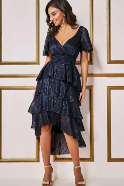 Women * Crinkle Lurex High Low Layered Midi Dress