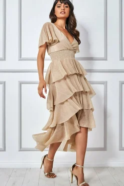 Women * Crinkle Lurex High Low Layered Midi Dress