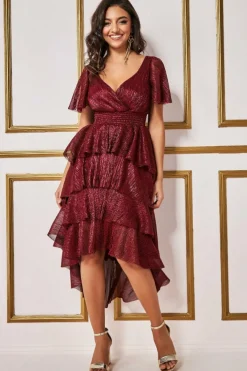 Women * Crinkle Lurex High Low Layered Midi Dress