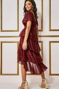 Women * Crinkle Lurex High Low Layered Midi Dress