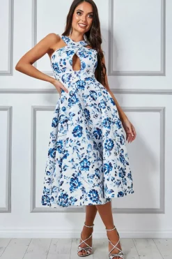 Women * Crossover Keyhole Midi Dress - Blue Print