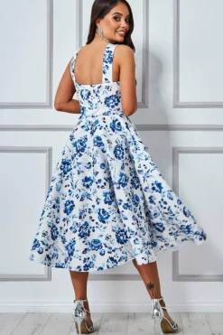 Women * Crossover Keyhole Midi Dress - Blue Print