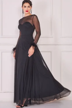 Women * Dobby Mesh Feather Sleeve Hem Maxi