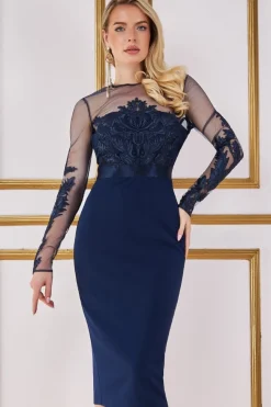 Women * Embroidered Mesh & Scuba Midi Dress