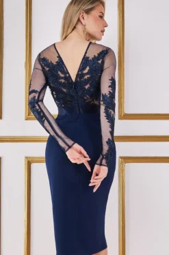 Women * Embroidered Mesh & Scuba Midi Dress