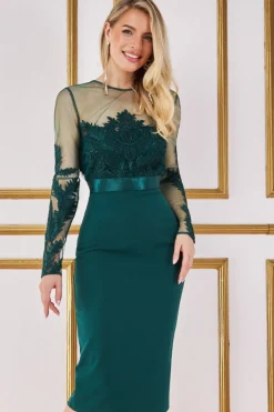 Women * Embroidered Mesh & Scuba Midi Dress Green