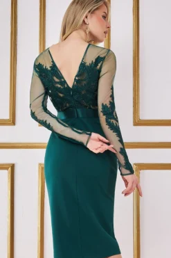Women * Embroidered Mesh & Scuba Midi Dress Green