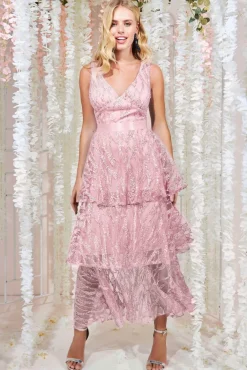 Women * Embroidered Mesh Tiered Midi Dress