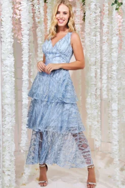 Women * Embroidered Mesh Tiered Midi Dress