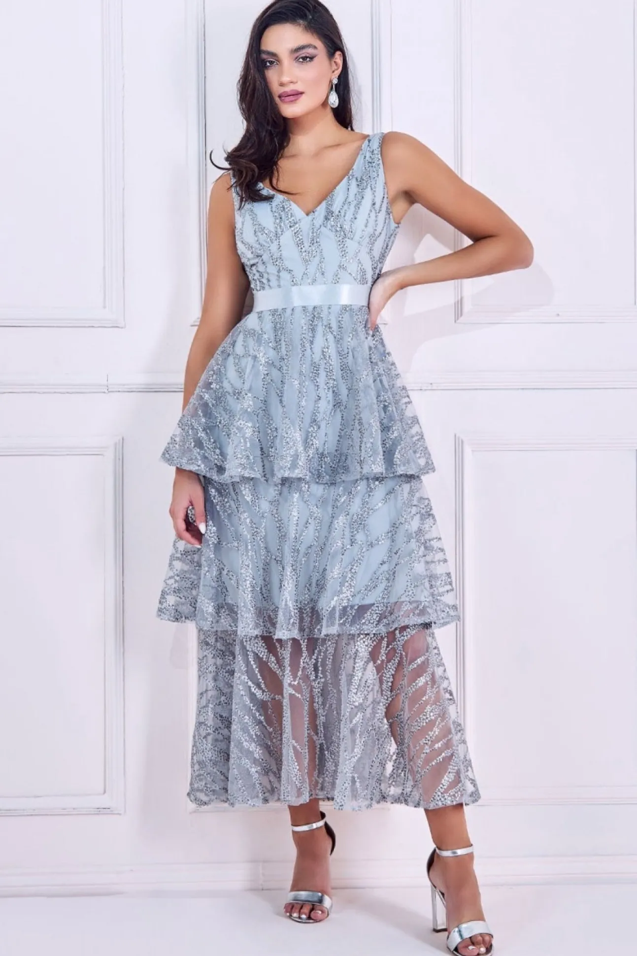 Women * Embroidered Mesh Tiered Midi Dress