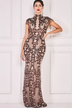 Women * Embroidered Sequin Beaded Cap Sleeve Maxi