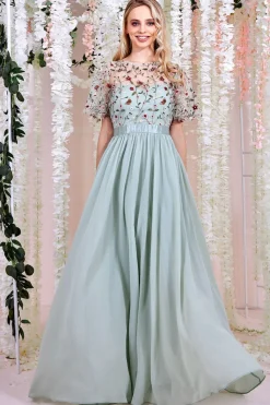 Women * Embroidered Top Flutter Sleeve Maxi