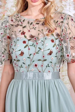 Women * Embroidered Top Flutter Sleeve Maxi