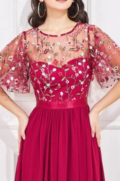Women * Embroidered Top Flutter Sleeve Maxi