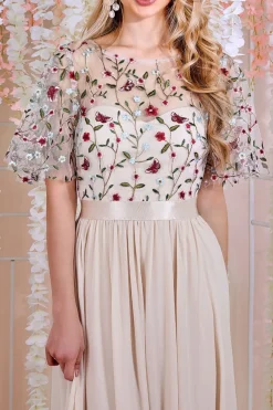 Women * Embroidered Top Flutter Sleeve Maxi