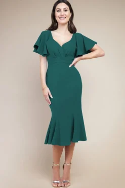 Women * Flared Sleeve Front Wrap Midi Dress