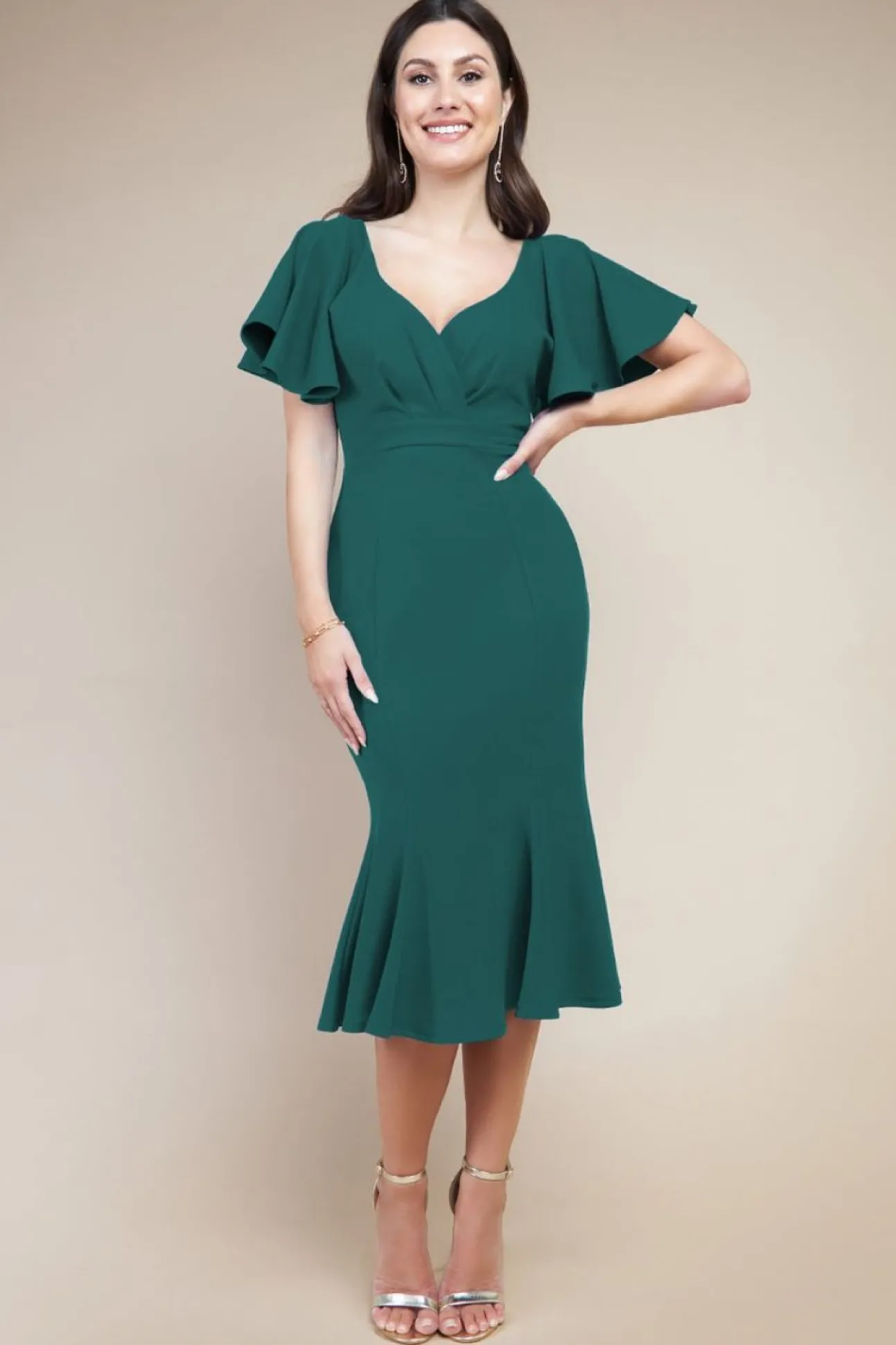 Women * Flared Sleeve Front Wrap Midi Dress