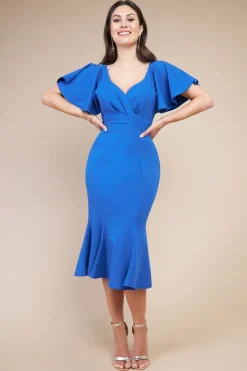 Women * Flared Sleeve Front Wrap Midi Dress - Royal Blue