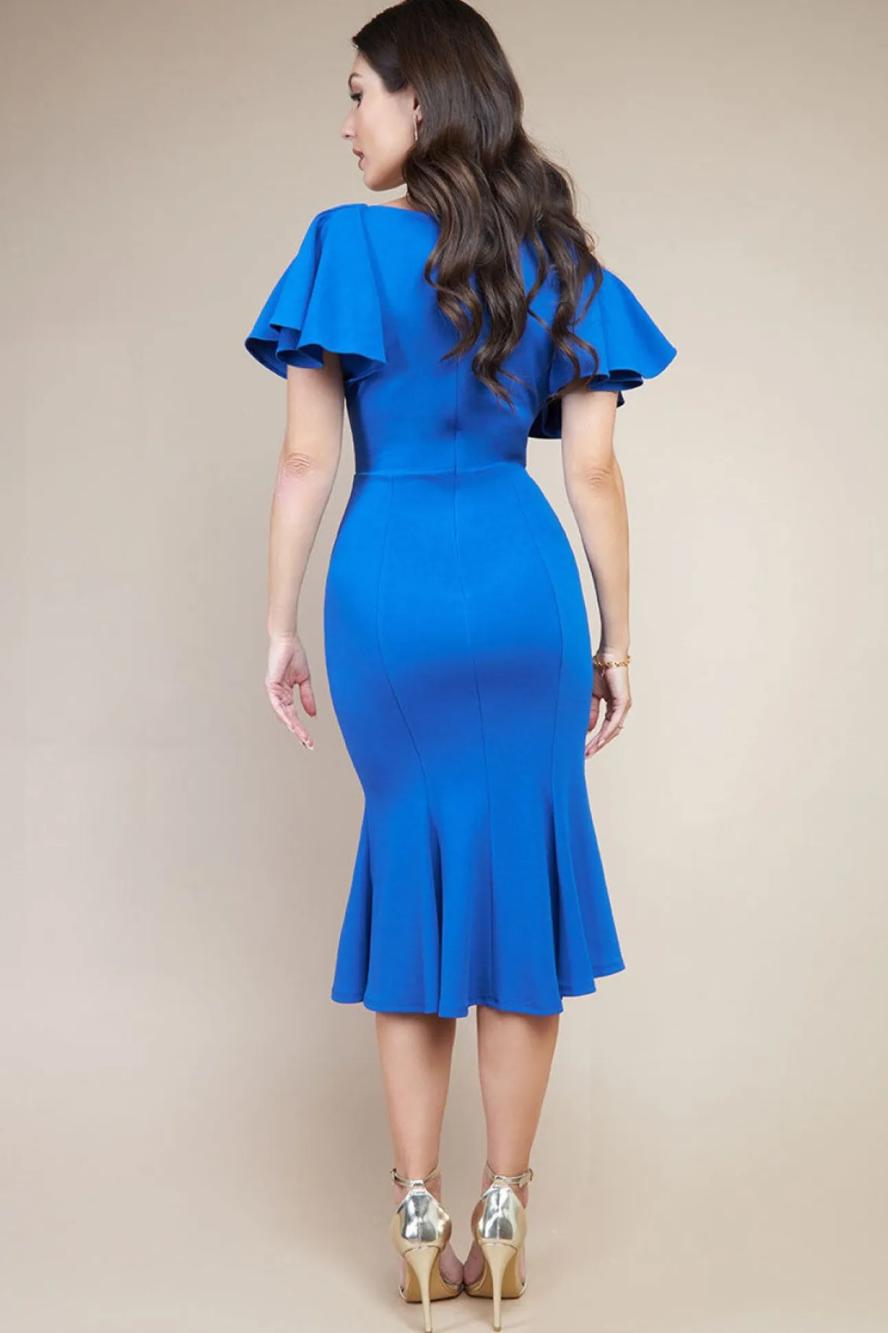 Women * Flared Sleeve Front Wrap Midi Dress - Royal Blue