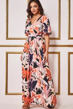 Women * Floral Print Flutter Sleeve Maxi - Orange Print