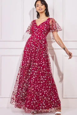 Women * Flutter Sleeve Floral Embroidered Maxi