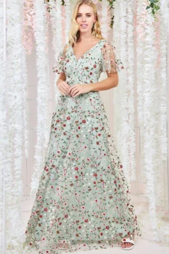 Women * Flutter Sleeve Floral Embroidered Maxi