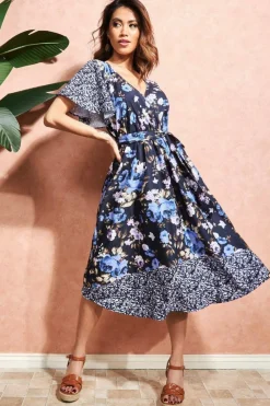 Women * Flutter Sleeve Printed Midi Dress - Navy Print