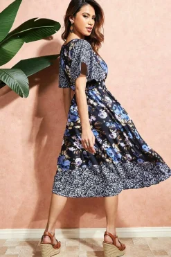 Women * Flutter Sleeve Printed Midi Dress - Navy Print